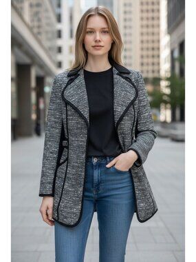 Laundry by Shelli Segal Black Gray Flare Coat Jacket Womens Size 6 Contrast Trim